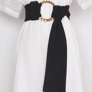 Elegant Imitation Pearl Metal Ring Plants Printed Knotted Belt, Belts, color:Black|size:One-size, Stylewe