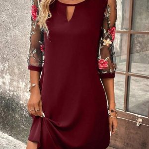 Women Floral Notched Three Quarter Sleeve Comfy Casual Mesh Short Dress, Dresses, color:Wine Red|size:XXL, Noracora