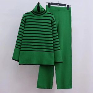 Women Striped V Neck Long Sleeve Comfy Casual Split Joint Top With Pants Two-Piece Set, Sets, color:Green|size:L, Noracora