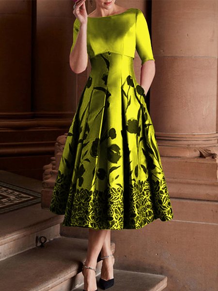 Elegant Regular Fit Floral Dress, Midi Dresses, color:Yellow|size:XXL, Stylewe