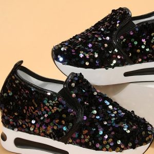 Casual Plain Slip On Block Heel Slip On Glitter, Sneakers&Athletic, color:Blue|size:44, Noracora