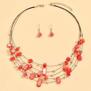 Boho Multicolor Beads Layered Necklace Earrings Set, Necklace, color:Red|size:One-size, Noracora
