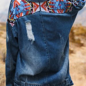 Ethnic Boho Embroidery Zipper Ripped Long Sleeve Buckle Pockets Denim Jacket, Jackets, color:Denim Blue|size:L, Noracora