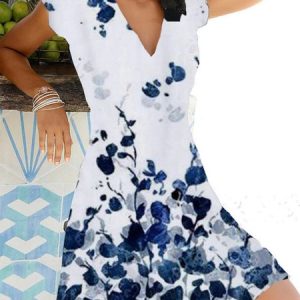 Floral Short Sleeve  Printed  Cotton-blend  V neck Vintage Summer Dress, Short, color:Blue|size:3XL, Noracora