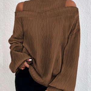Lantern Sleeve Cold Shoulder Cable Textured Top, T-shirt & Tees, chicme - Women's Fashion Online
