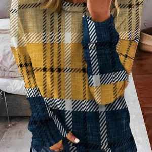 Casual Crew Neck Plaid Sweatshirt, Hoodies & Sweatshirts, color:Yellow|size:XXL, Noracora