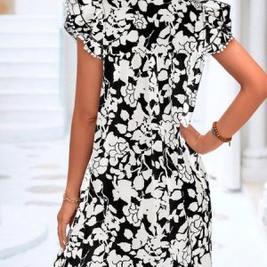 Women Floral V Neck Sleeveless Comfy Casual Short Dress, Vacation Dresses, color:Black|size:XL, Noracora