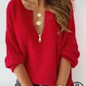 Women Yarn/Wool Yarn Plain Long Sleeve Comfy Casual Zipper Sweater, Sweaters, color:Red|size:XXL, Noracora