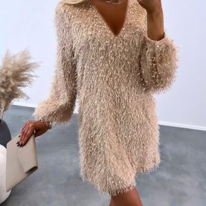 Fluffy V-Neck Casual Dress, Casual Dresses, chicme - Women's Fashion Online