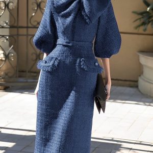 Elegant Crew Neck Regular Fit Dress, Midi Dresses, color:Blue|size:XXL, Stylewe