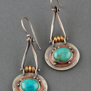 Ethnic Oval Turquoise Two-Tone Earrings, Earring, color:Silver, Noracora