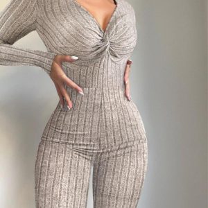 Twisted Long Sleeve Ribbed Jumpsuit, Jumpsuits, chicme - Women's Fashion Online
