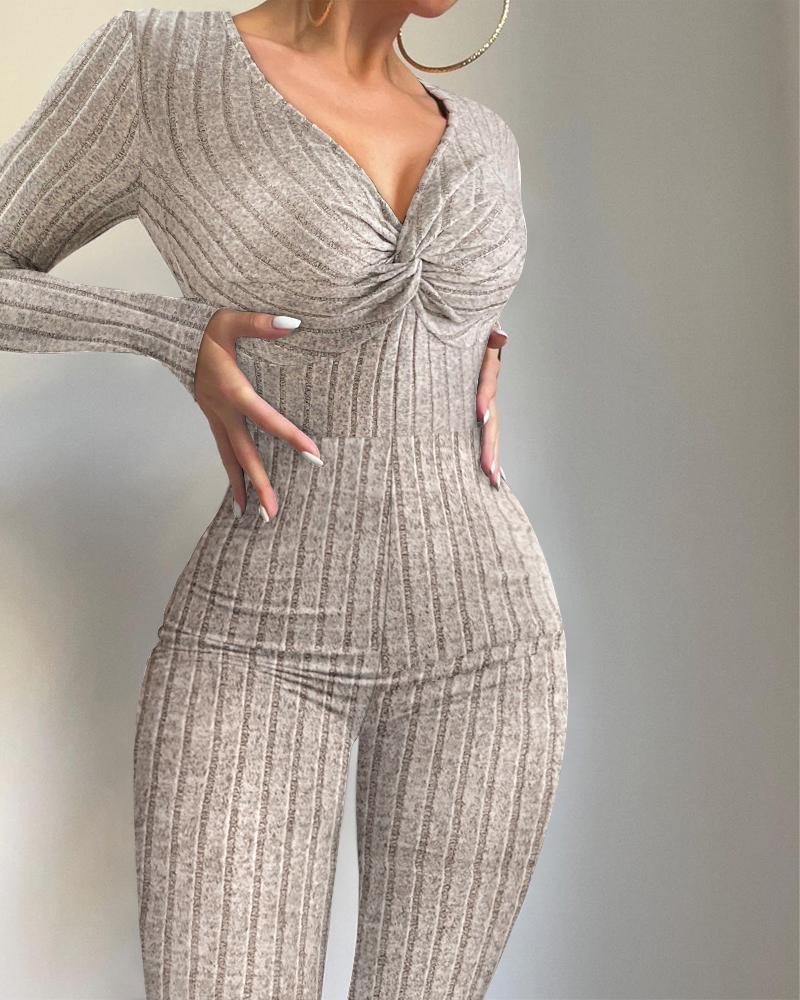 Twisted Long Sleeve Ribbed Jumpsuit, Jumpsuits, chicme - Women's Fashion Online