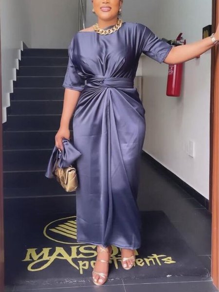 Elegant Regular Fit Plain Midi Dress, Maxi Dresses, color:As Picture|size:XXL, Stylewe