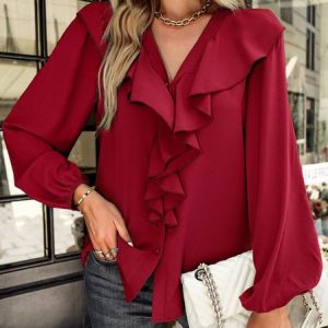 V Neck Long Sleeve Plain Regular Loose Blouse For Women, Blouses, color:Wine Red|size:XL, Noracora