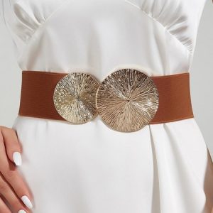 Round Buckle Elastic Wide Belt Elegant Dress Coat Girdle, Belts, color:Brown|size:One-size, Stylewe