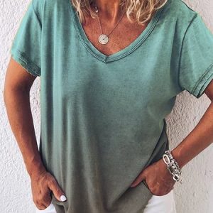 Gradient Color V neck Short Sleeve Women T-Shirt, T-shirts, Lilicloth.com