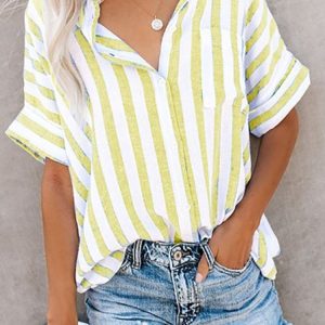 Cotton Buttoned Short Sleeve Striped Top, Blouses & Shirts, Roselinlin - Online Catalog