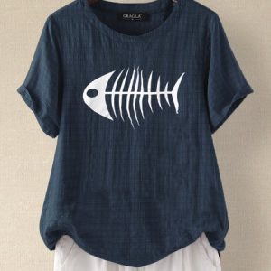Cotton Casual Crew Neck Loose T-Shirts, T-shirts, color:Navy Blue|size:XXL, Noracora