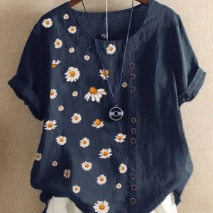 Navy Blue Casual Floral-print Floral T-shirt, T-shirts, color:Navy Blue|size:3XL, Noracora