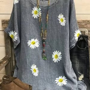 Floral Printed Casual Crew Neck Cotton-Blend Tops, T-shirts, color:Gray|size:3XL, catalog Noracora shop