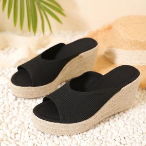 Breathable Mesh Fabric Vacation Espadrille Wedge Slide Sandals, Slippers, color:Black|size:43, Stylewe