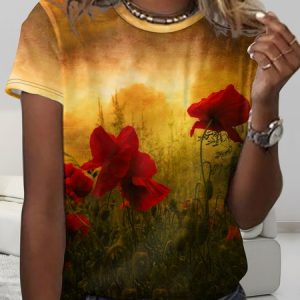 Women's Casual Crew Neck Red Floral T-Shirt, T-shirts, Lilicloth.com