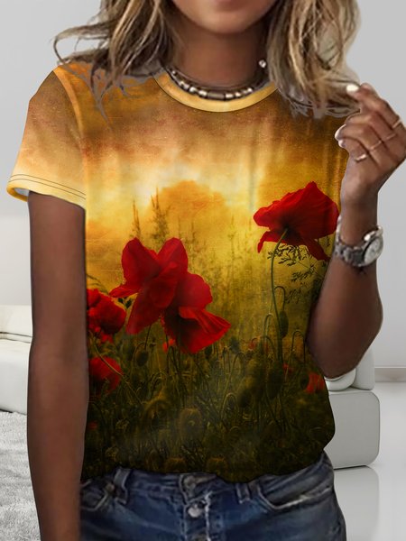 Women's Casual Crew Neck Red Floral T-Shirt, T-shirts, Lilicloth.com