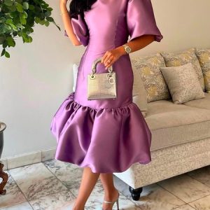 Crew Neck Elegant Regular Fit Plain Midi Dress, Midi Dresses, color:As Picture|size:XXL, Stylewe
