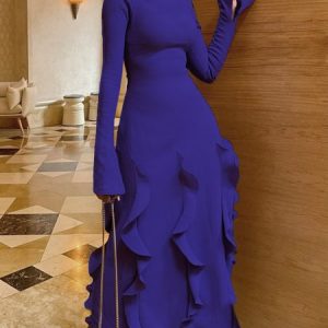 Long Sleeve Boat Neck Elegant Plain Dress, Maxi Dresses, color:Purple|size:XXL, Stylewe
