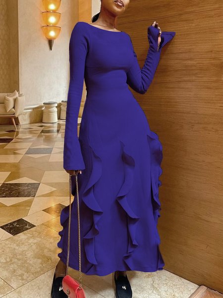 Long Sleeve Boat Neck Elegant Plain Dress, Maxi Dresses, color:Purple|size:XXL, Stylewe