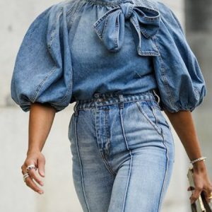 Denim Blouse Casual Stand Collar Regular Fit Plain, Blouses and Shirts, color:Blue|size:XXL, Stylewe