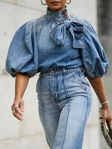 Denim Blouse Casual Stand Collar Regular Fit Plain, Blouses and Shirts, color:Blue|size:XXL, Stylewe