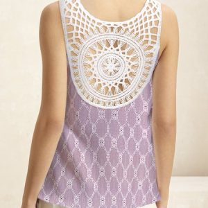 Casual V Neck Geometric Tank Top Lace, Tanks & Camis, color:Pink|size:XXL, Noracora