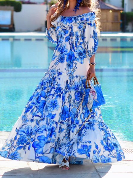 Vacation Cold Shoulder Loose Plants Dress, Maxi Dresses, color:Blue|size:XXL, Stylewe