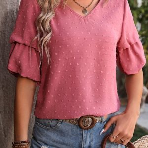 V Neck Short Sleeve Plain Regular Regular Fit Shirt For Women, Blouses, color:Cameo|size:XXL, Noracora