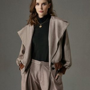 Loose Herringbone Urban Shawl Collar Jacket, Jackets, color:Brown|size:XXL, Stylewe