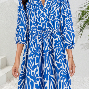 Women Abstract V Neck Half Sleeve Comfy Vacation Short Dress, Dresses, color:Blue|size:XXL, Noracora