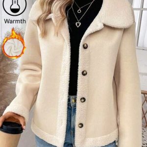 Women's Plain Buckle Fleece Loose Teddy Jacket, Coats, color:Apricot|size:XXL, Noracora