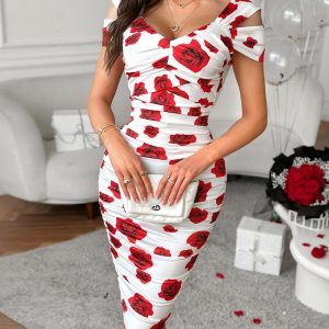 Colorblock Floral Print Cold Shoulder Bodycon Dress, Bodycon Dresses, chicme - Women's Fashion Online