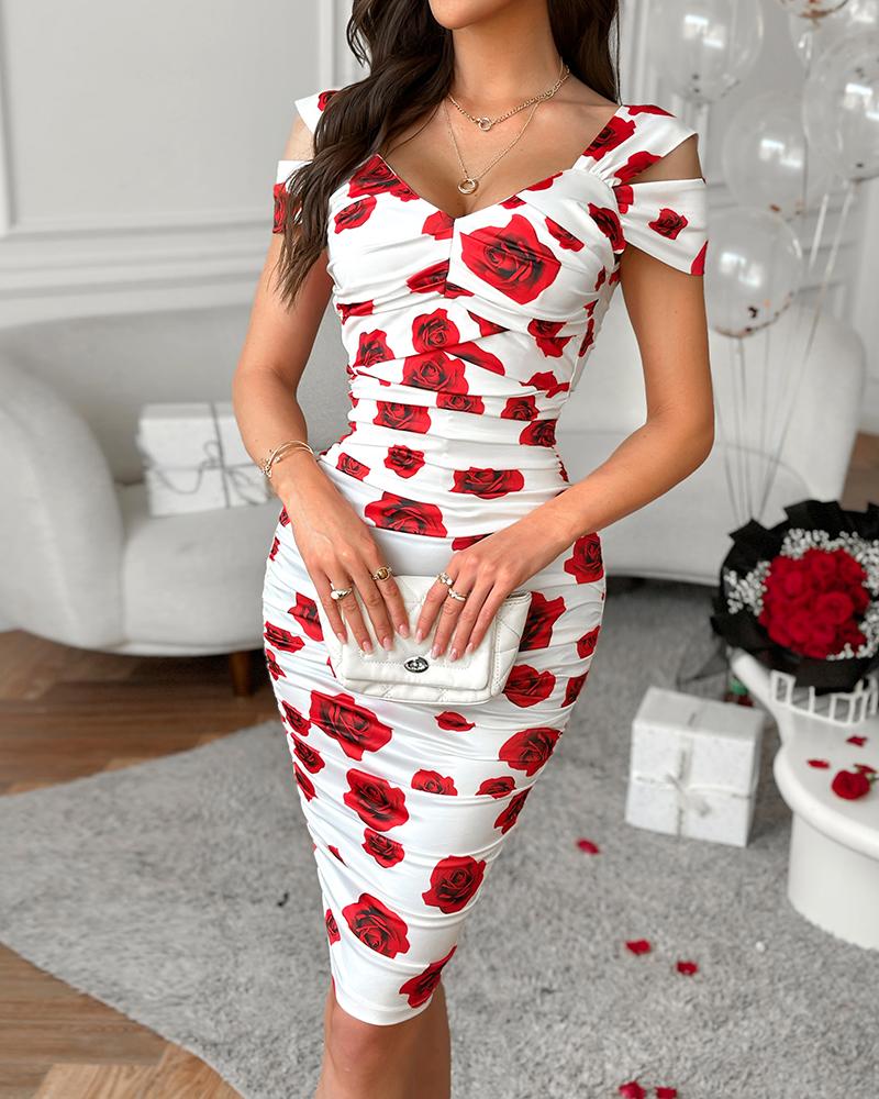 Colorblock Floral Print Cold Shoulder Bodycon Dress, Bodycon Dresses, ChicMe catalog