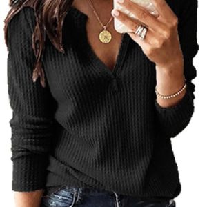 Women Plain Casual V neck Micro-Elasticity Vintage Solid Long Sleeve Top, Blouses, color:Deep Gray|size:5XL, Noracora
