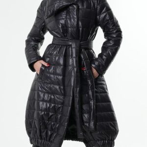 Urban Plain Shawl Collar Regular Fit Padded Jacket With Belt, Padded Jackets, color:Black|size:XXL, Stylewe