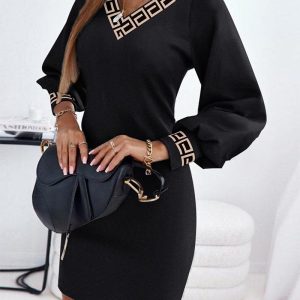 Geometric Print Lantern Sleeve Casual Dress, Casual Dresses, chicme - Women's Fashion Online
