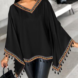Aztec Geometric Tape Patch Batwing Sleeve Top, Blouses & Shirts, chicme - Women's Fashion Online