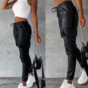 Drawstring Elastic Waist PU Leather Cuffed Pants with Pockets, women Pants, ChicMe catalog