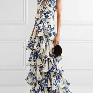 Women Floral Halter Short Sleeve Comfy Casual Maxi Dress, Dresses, color:Blue|size:XXL, Noracora
