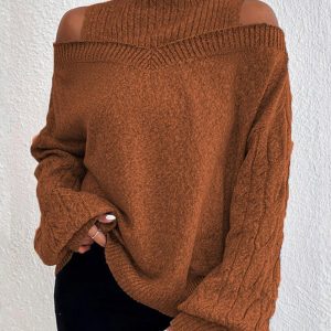 Cable Knit Lantern Sleeve Cold Shoulder Sweater, Sweaters & Cardigans, chicme - Women's Fashion Online