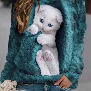 Casual Crew Neck Cat Sweatshirt, Hoodies & Sweatshirts, color:Deep Green|size:5XL, Noracora