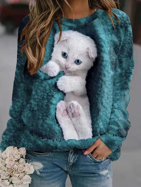Cat Crew Neck Loose Casual Sweatshirt, Hoodies&Sweatshirts, Lilicloth.com